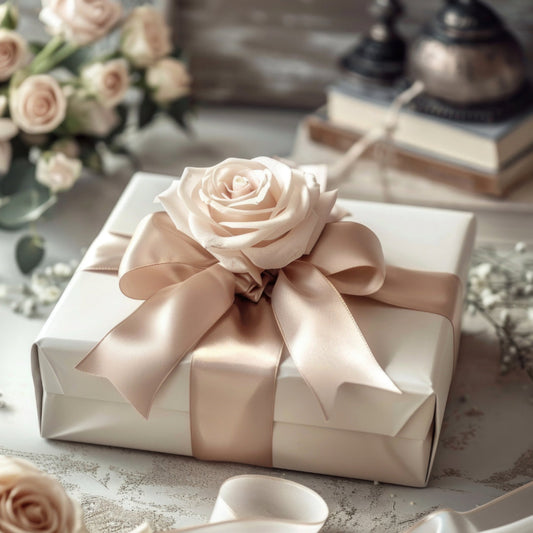 A wedding gift sitting on a table with fresh flowers, wrapped in cream paper with a blush silk ribbon and a blush rose at the centre.