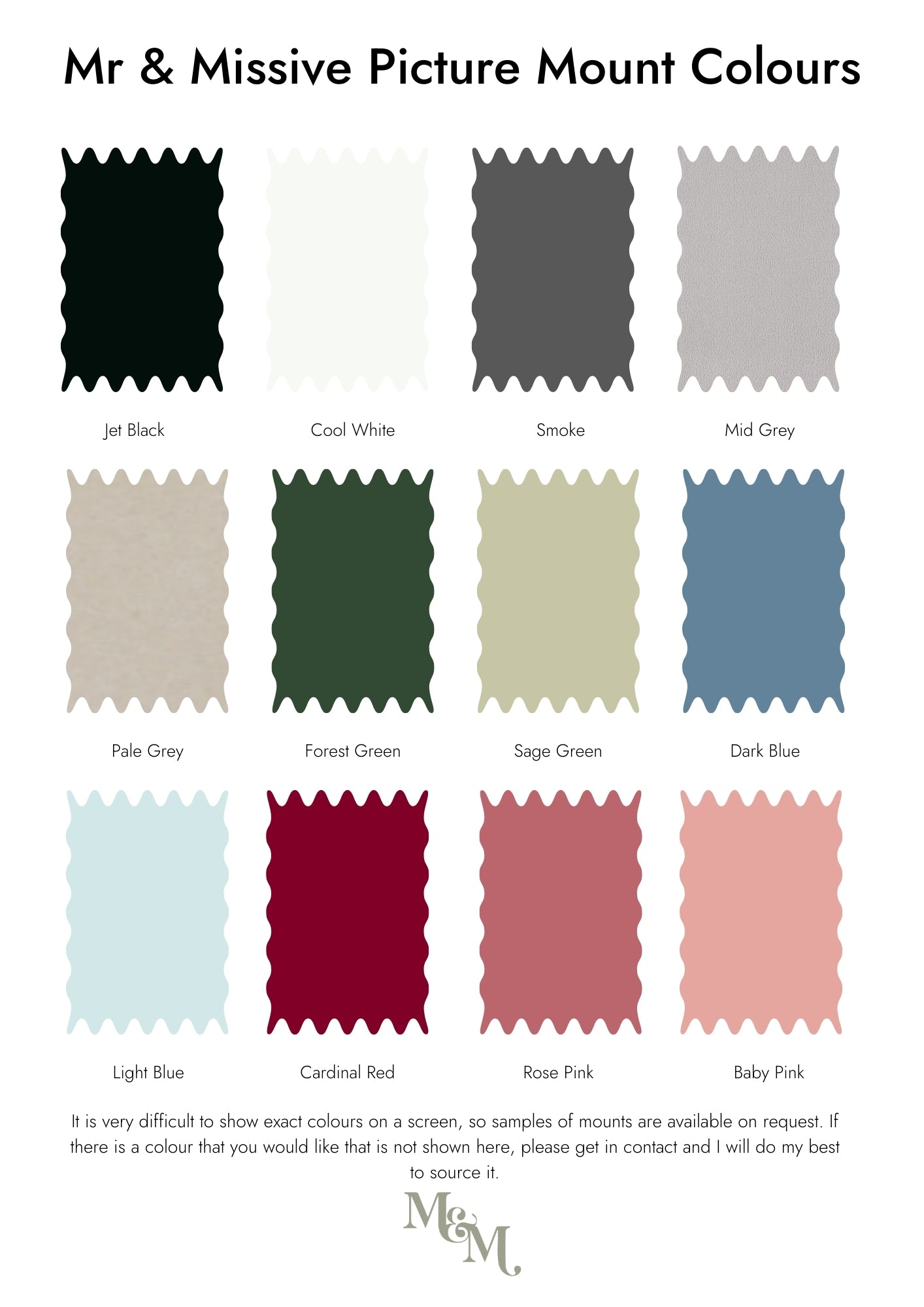 Color swatches for picture mount colors with text and branding.