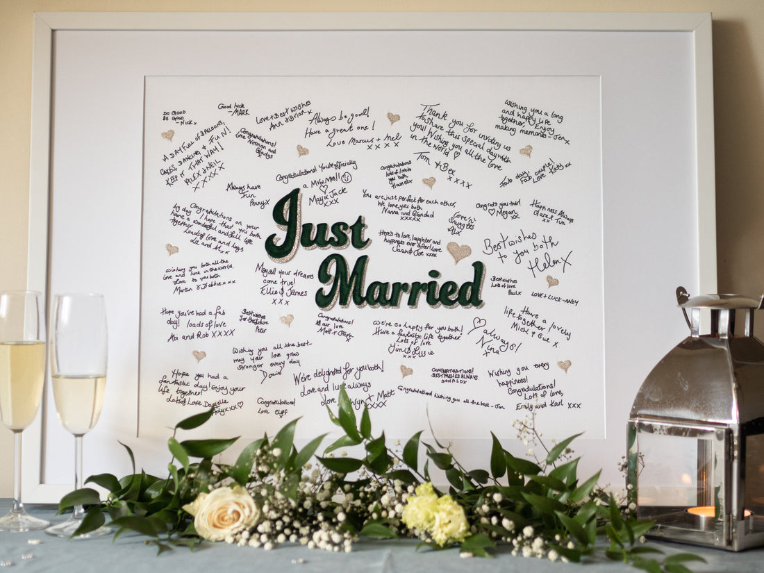 A beautifully framed Mr & Missive wedding guest book alternative with handwritten messages from your wedding guests.