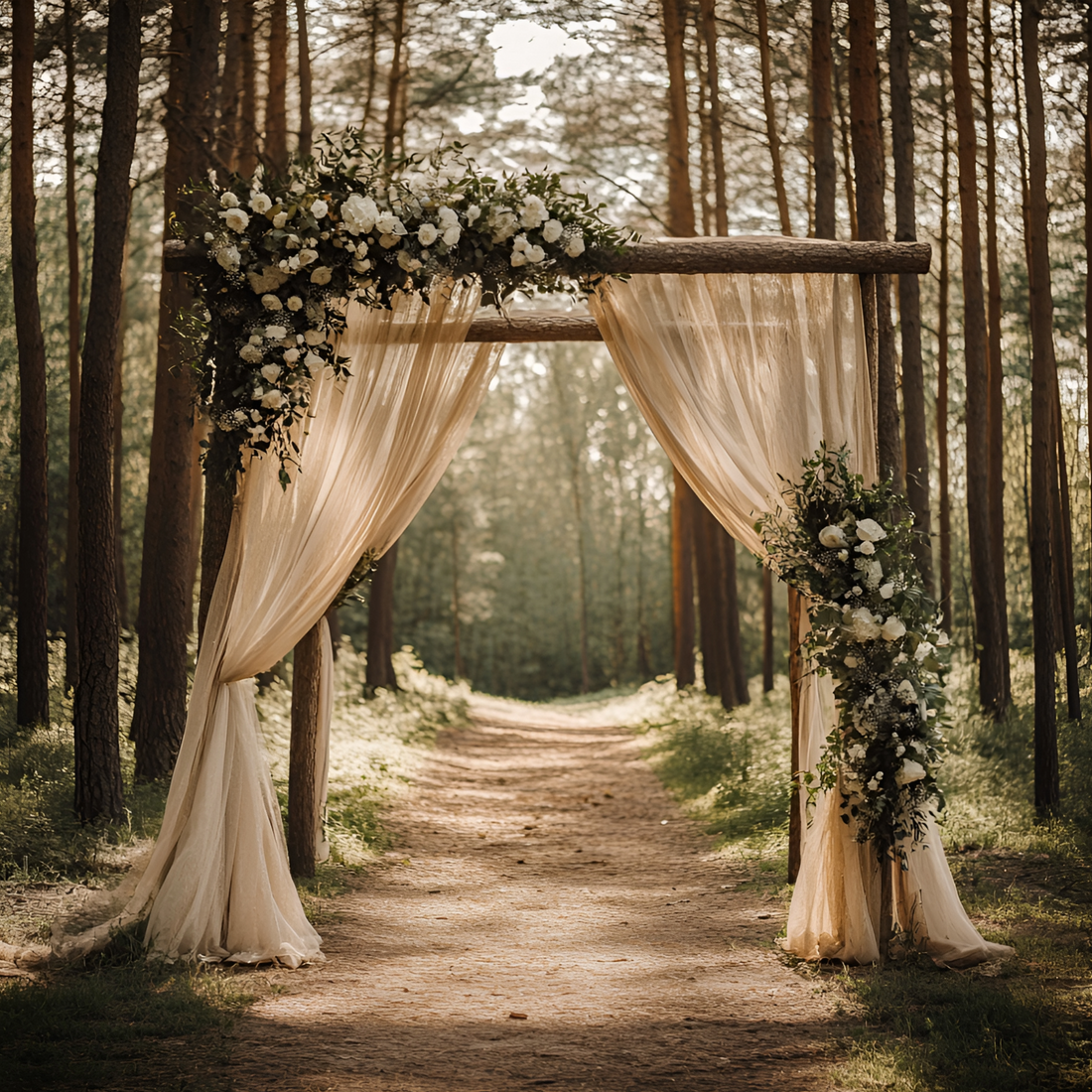 wedding arch leading into the forest