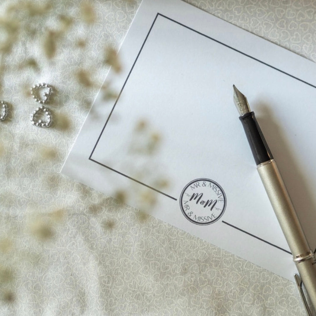 A branded Mr & Missive postcard for guests to leave handwritten missives at a wedding.