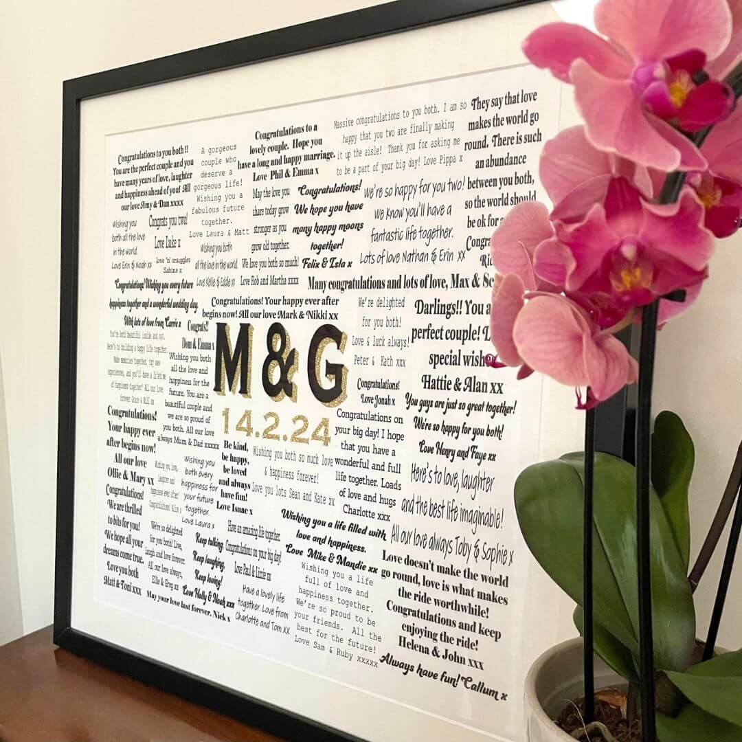 A Typed Collection Mr & Missive wedding guest book alternative with black velvet centrepiece and gold accents. 