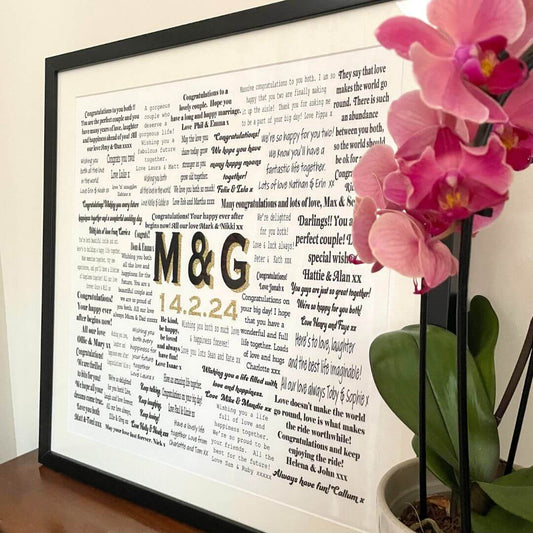 A handwritten Mr & Missive wedding guest book alternative from the Typed Collection, featuring a black velvet centrepiece with gold shadow font.